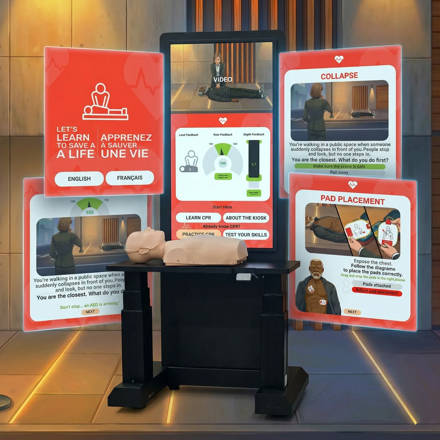 CPR training kiosk with interactive learning displays
