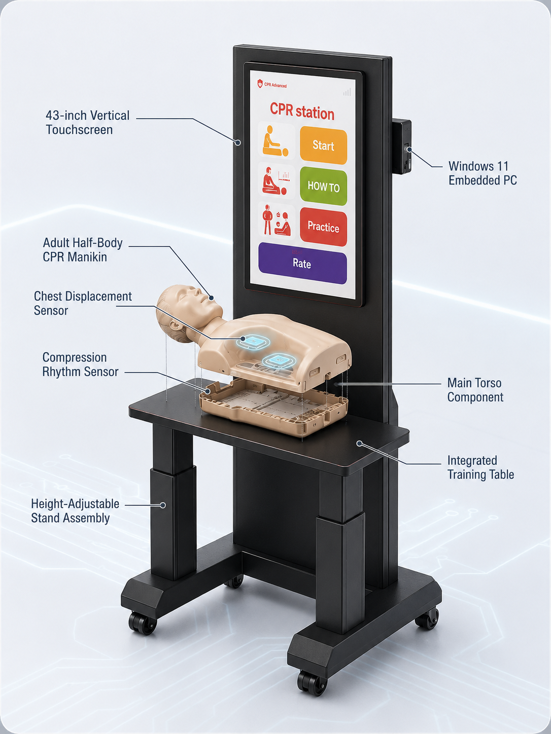 CPR Training Kiosk product diagram showing touchscreen, manikin, sensors and height-adjustable stand