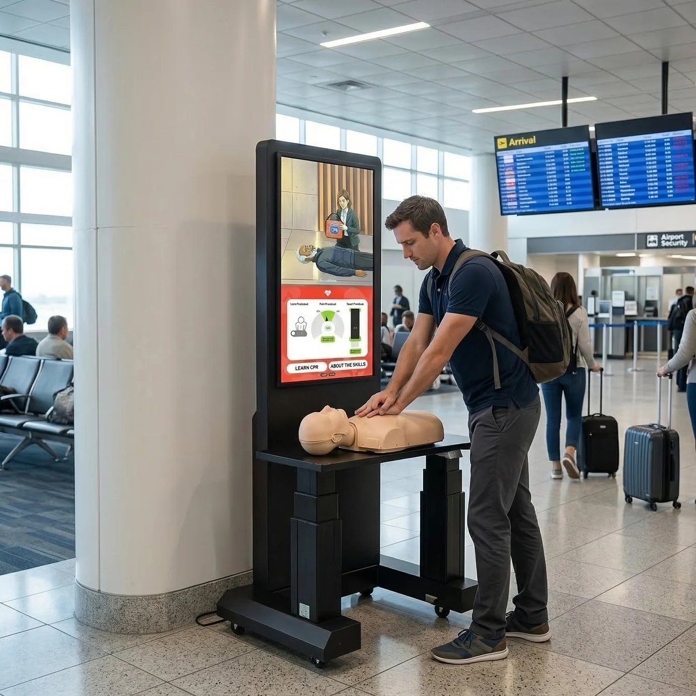 CPR training kiosk being used in a public airport setting
